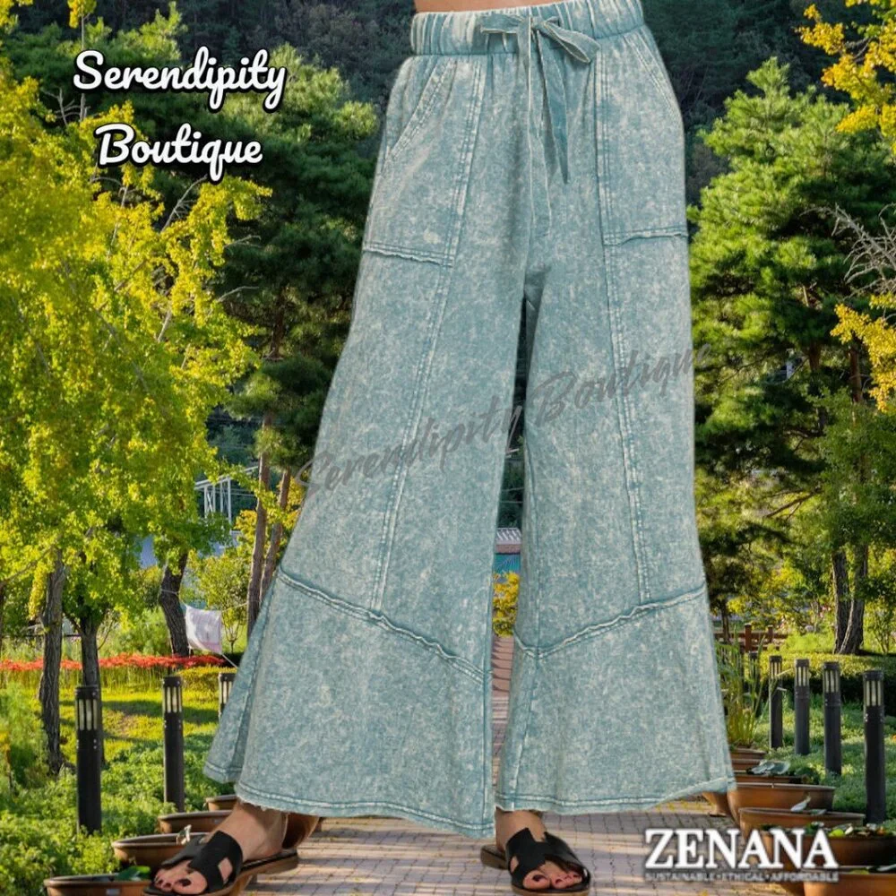 Zenana Bell Bottom Acid Blue Flare Leg Lightweight Elastic Waist Lounge Pants - Picture 1 of 9